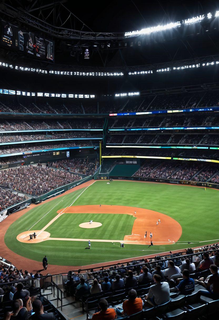 A dynamic baseball landscape with a futuristic stadium filled with fans, emphasizing the blend of analytics and traditional gameplay. Include charts and graphs subtly integrated into the background, showing player stats and trends. Feature a diverse group of analysts passionately discussing the game beside a digital scoreboard. The scene should capture the spirit of community and collaboration in baseball's evolution. vibrant colors. super-realistic.