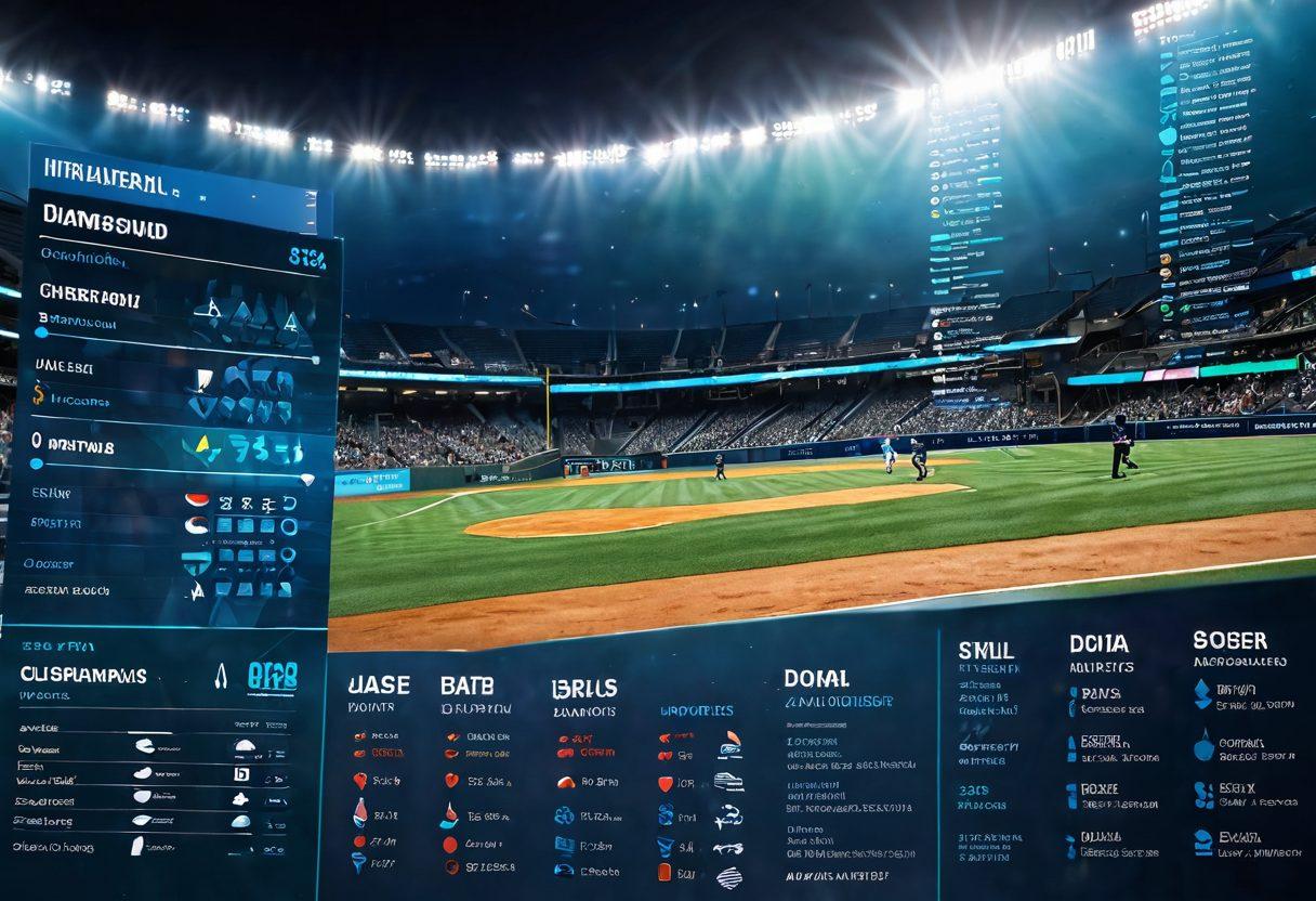 An intricate baseball diamond overlaid with data analytics charts and graphs, showcasing player stats, batting averages, and advanced metrics. Incorporate a deep blue ocean backdrop to symbolize diving deep into insights, along with silhouettes of players strategizing. Include vibrant colors to highlight the data points emerging from the diamond. super-realistic. vibrant colors. 3D.